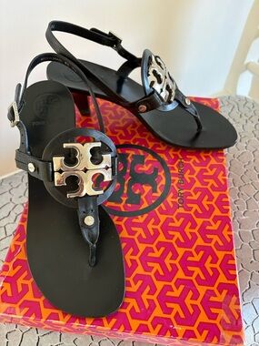 Tory Burch Black Leather Logo Thong Sandals with Silver Hardware